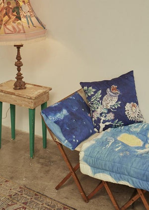 Square blue cushion featuring two hand illustrated ruff birds on a wooden daybed.