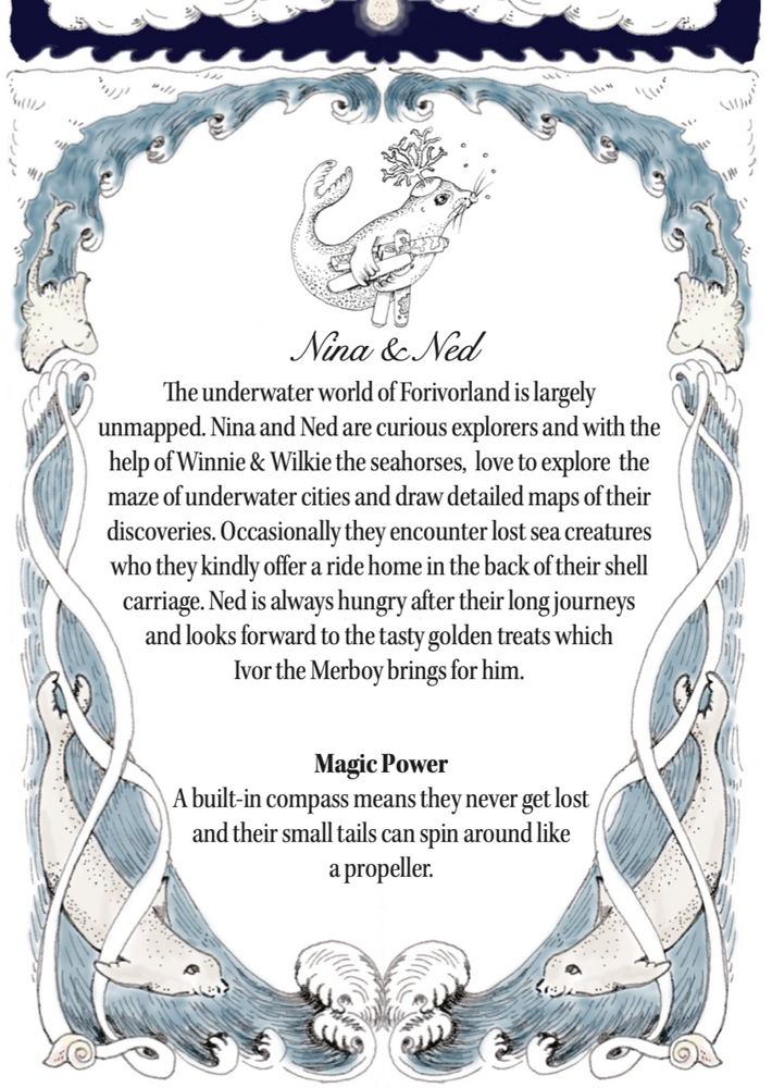  Hand illustrated card including details about Nina and Ned's magical powers.