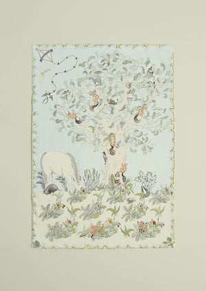 Hand illustrated daytime forest scene muslin blanket featuring woodland animals. 