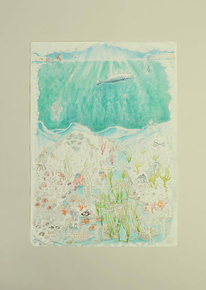 A hand illustrated underwater daytime scene baby muslin blanket.