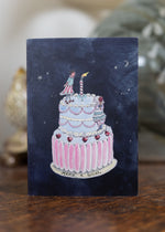 Card with a drawing of a birthday cake on a dark blue background