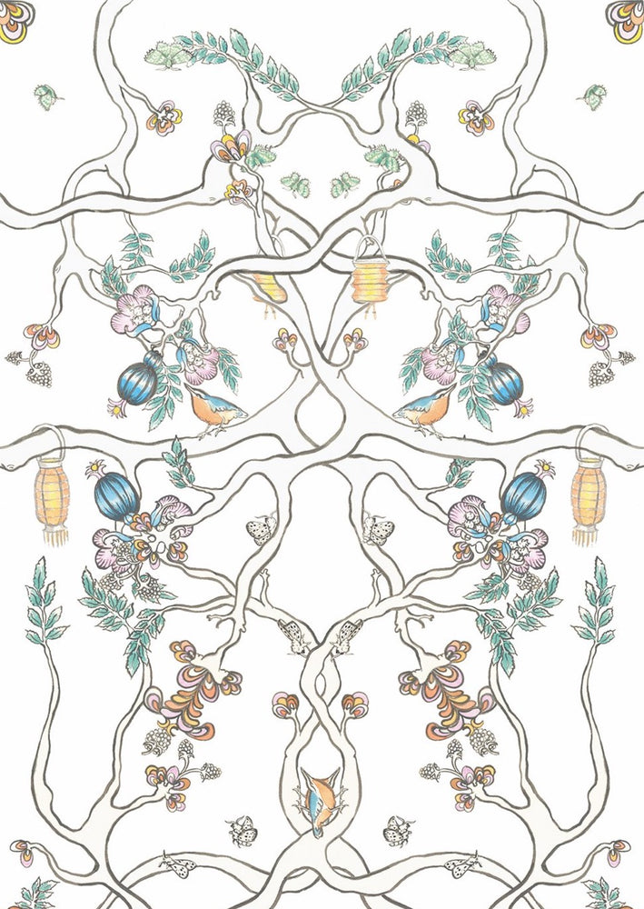 
            
                Load image into Gallery viewer, White organic cotton fitted cot sheet with a coloured hand illustrated design featuring nuthatch birds, flowers, branches and lanterns. 
            
        