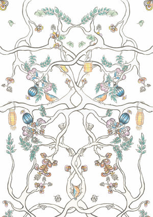 
            
                Load image into Gallery viewer, White organic cotton fitted cot sheet with a coloured hand illustrated design featuring nuthatch birds, flowers, branches and lanterns. 
            
        