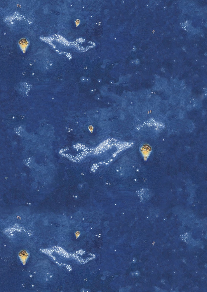 Nighttime blue fitted cot sheet featuring hand drawn design of stars and moth hot air balloons. 