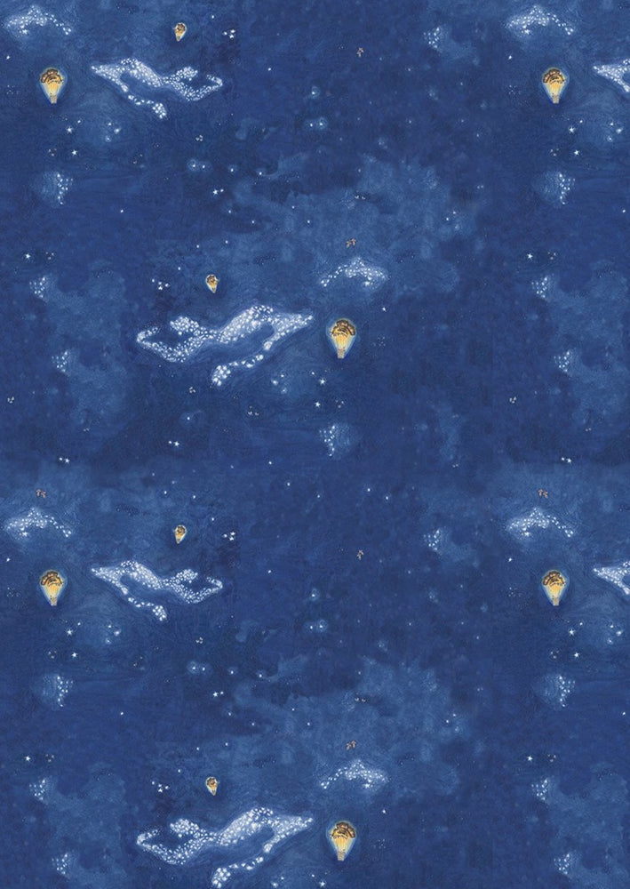 Nighttime blue fitted single sheet featuring hand drawn design of stars and moth hot air balloons. 