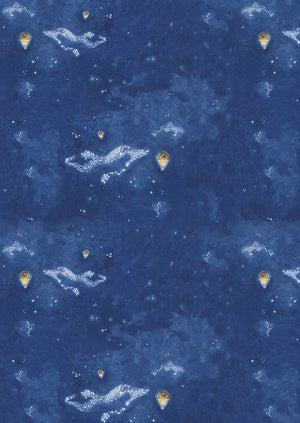 Nighttime blue fitted single sheet featuring hand drawn design of stars and moth hot air balloons. 