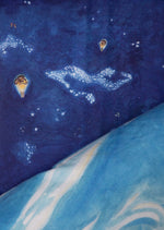 Blue fitted single sheet featuring hand drawn design of stars and moth hot air balloons.  