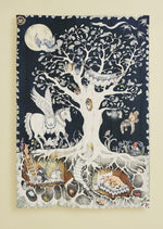 Organic cotton, quilted hand illustrated nighttime woodland scene blanket.