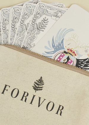 'Forivor' logo on cotton zipped pouch with fan of hand illustrated cards.