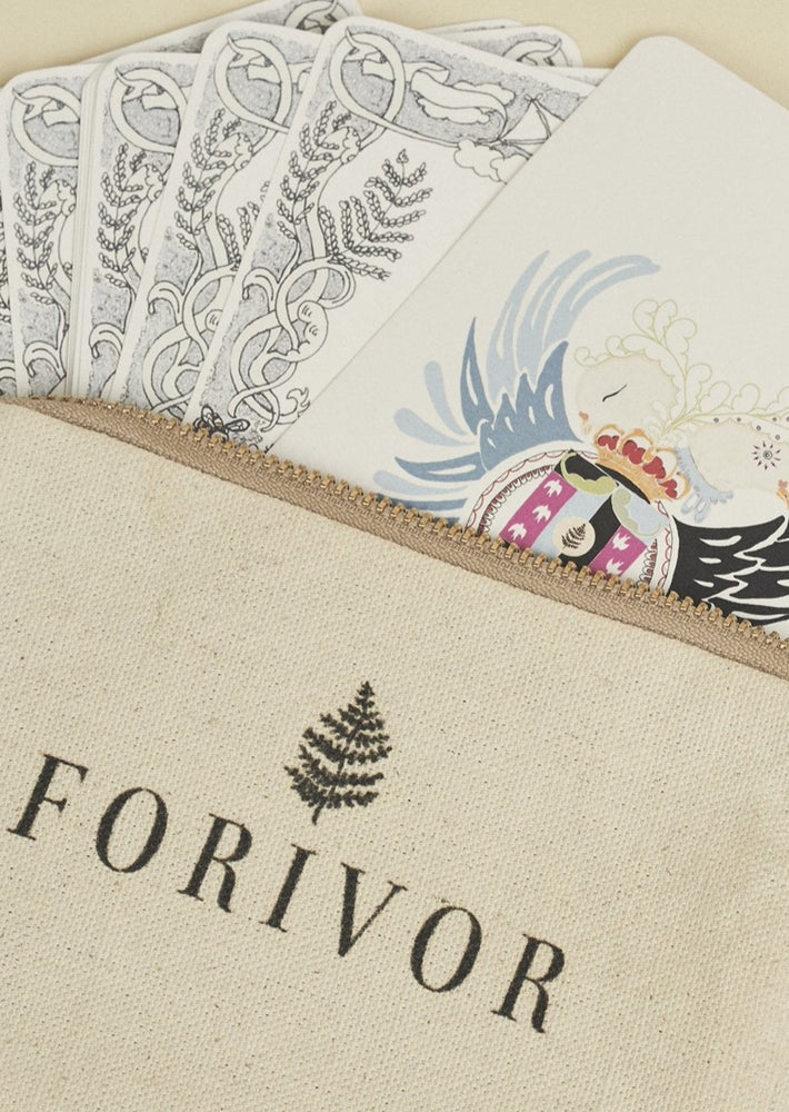 Hand illustrated cards in Forivor branded pouch.