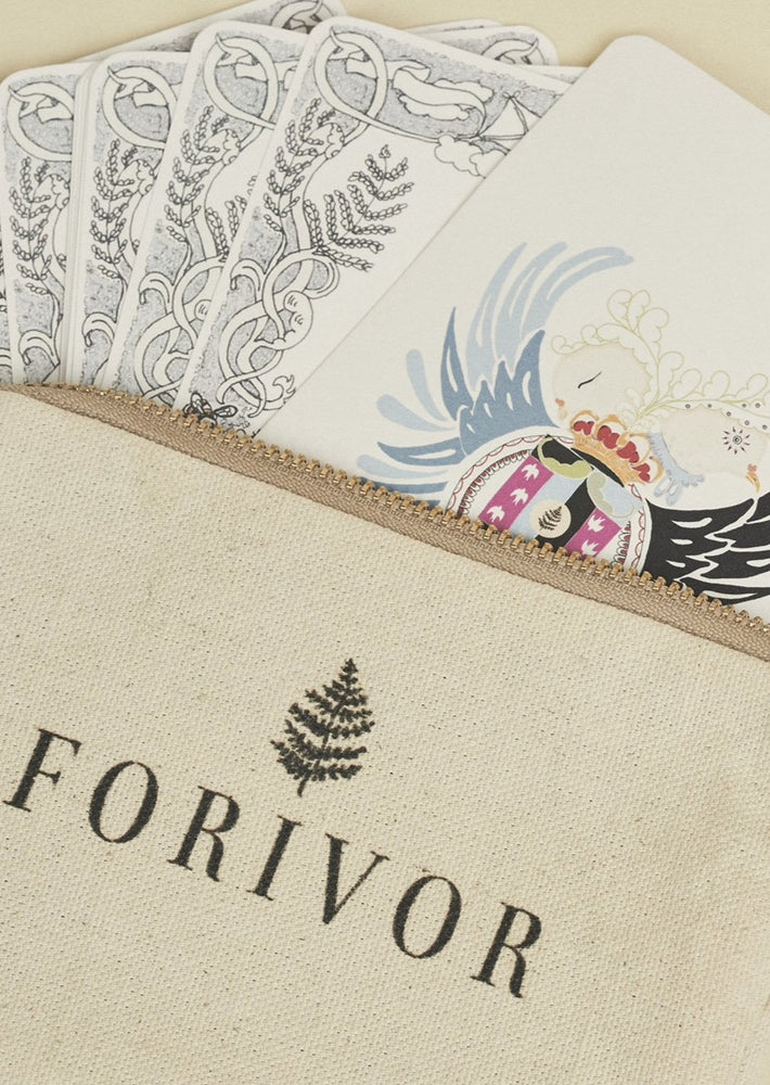 'Forivor' logo on cotton zipped pouch with fan of hand illustrated cards.