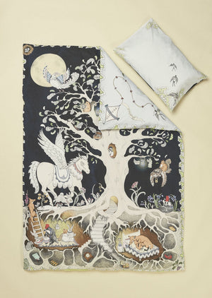 Hand illustrated nighttime forest scene cot duvet set featuring woodland animals.
