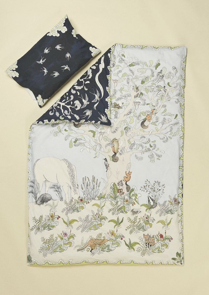 
            
                Load image into Gallery viewer, Hand illustrated reversible daytime forest scene cot duvet set.
            
        