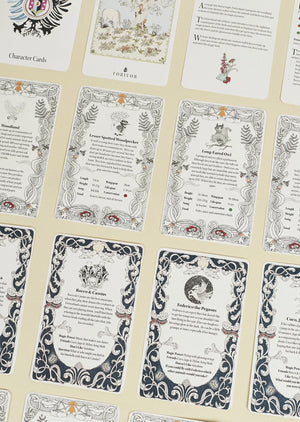 Hand illustrated woodland creature information cards.