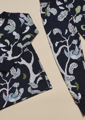 Nighttime blue organic cotton woodland scene pyjamas.