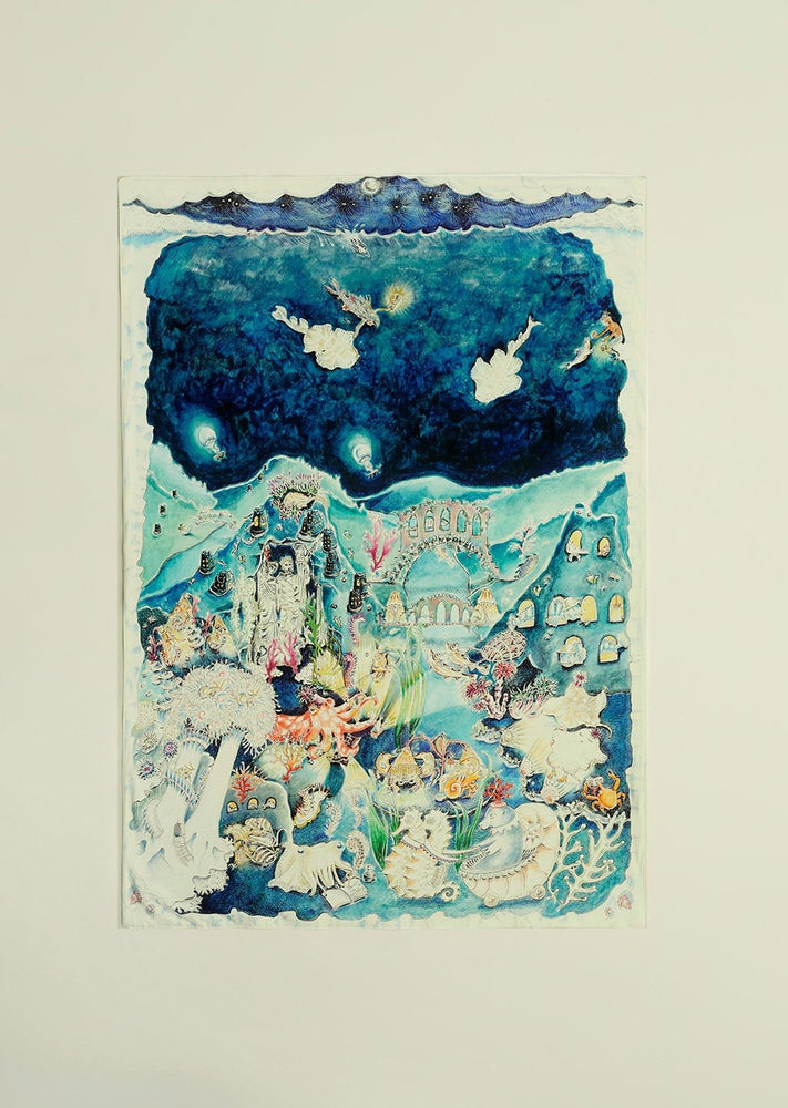 
            
                Load image into Gallery viewer, A hand illustrated underwater nighttime scene baby muslin blanket.
            
        