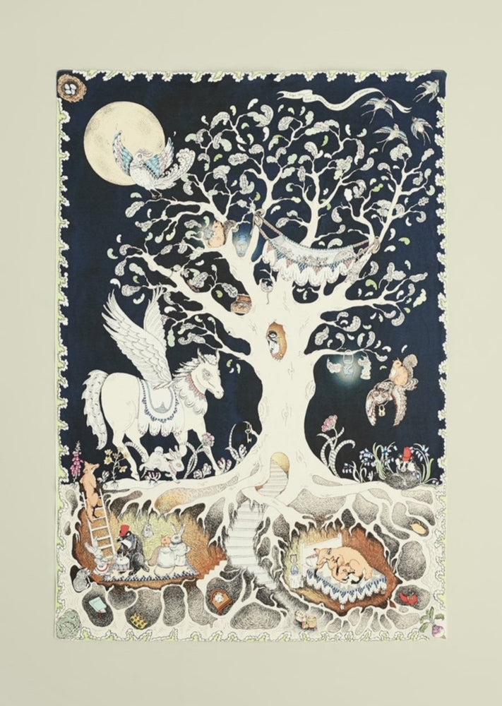 Hand illustrated nighttime forest scene muslin blanket featuring woodland animals. 