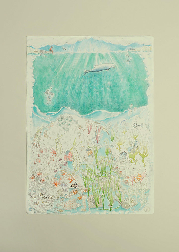 A hand illustrated underwater daytime scene baby muslin blanket.